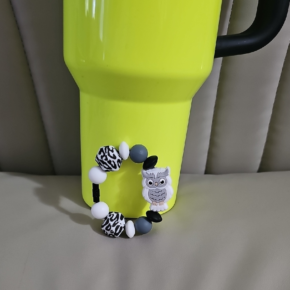 Grey Owl Tumbler Charm With Silicone Marbled Beads